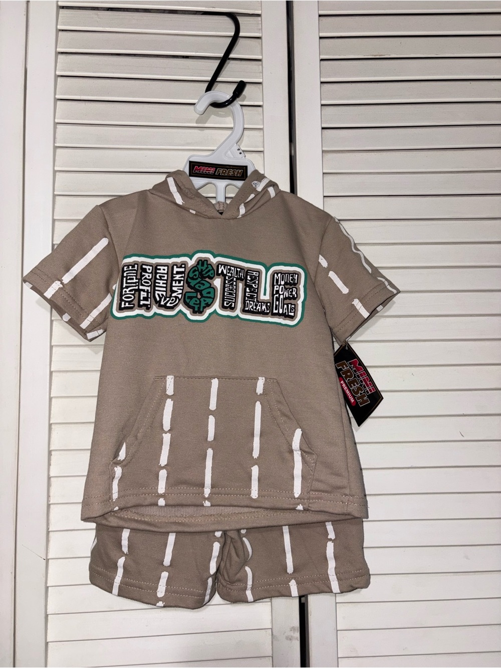 Kids Short-Sleeve Hoodie & Shorts Set - Taupe with White Stripe Detail